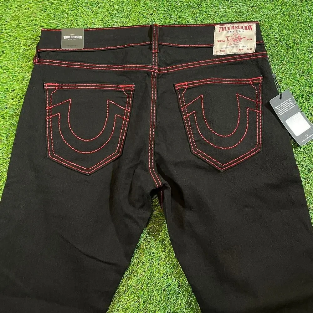 True Religion Ricky Relaxed straight leg Y2K mega stitch black red jeans 34x30